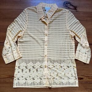 Alfred Dunner pastel yellow floral‎ checked sheer button up shirt SIZE 10